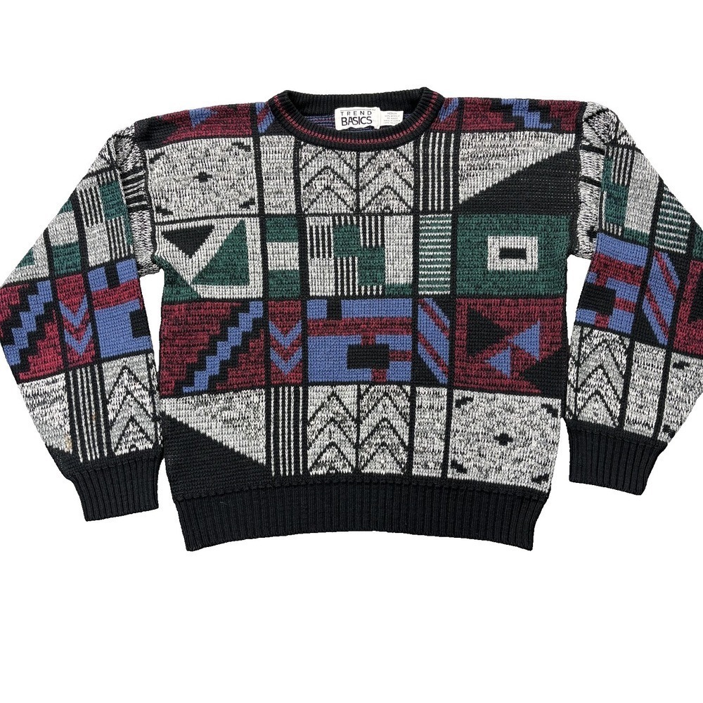 Vintage‎ Trend Basics Sweater Mens Medium Multicolor Geometric Knit Pullover 90s